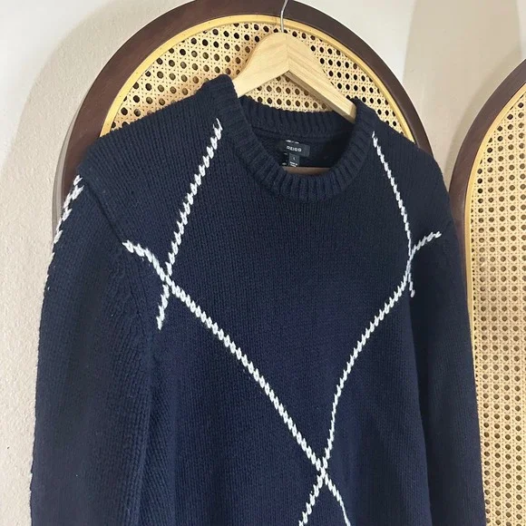 NWOT Reiss Navy Blue White Argyle Knit Wool Blend Pullover Sweater Size Large - Picture 4 of 9